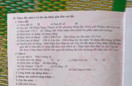 ĐẤT CHÍNH CHỦ - CẦN BÁN  LÔ ĐẤT 2 MĂT TIỀN TẠI  68 Phạm Ngọc Thạch, Đống Đa, TP Pleiku, Gia Lai